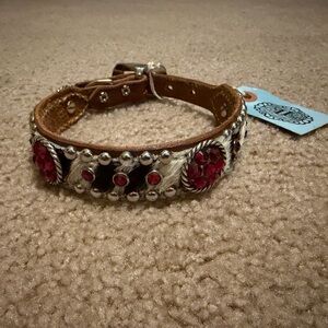 NWT Dog collar with chocolate brindle hair hide, light turquoise light crystal